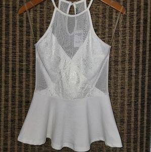 White Lace & Sheer Peplum Top